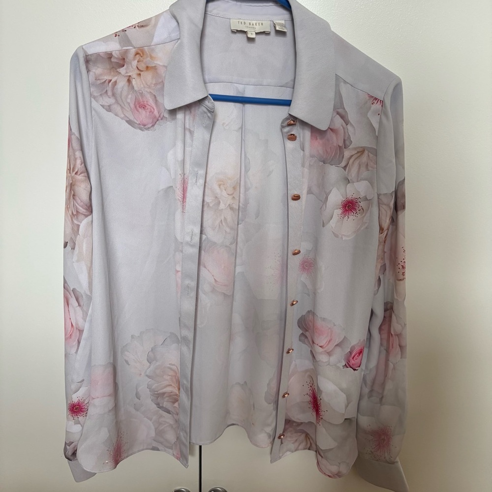 Ted Baker white and pink floral sheer shirt size 1.